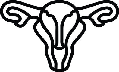 Stylized uterus symbol, black and white illustration, minimalist design, curving fallopian tubes, symmetrical composition, reproductive health icon, feminine anatomy, line art, simplified biological f