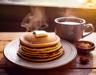 Cozy breakfast scene with pancakes and steaming coffee.
