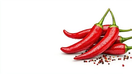 A photostock of vibrant chili peppers splashed with hot sauce and seasoning, isolated on a clean white background, bold and fiery, High Quality
