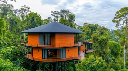 Modern Treehouse in Lush Green Tropical Forest with Scenic View