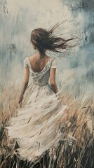 Woman in a field, windswept dress, artistic painting