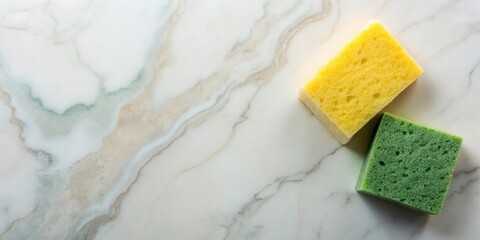 Bright Yellow and Green Sponges on a Marble Surface Ready for Cleaning