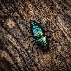 Photograph a beetle crawling along a tree trunk.