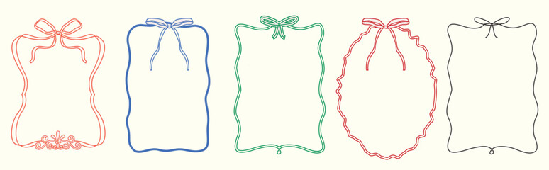 Vintage bows frame for greeting cards, wedding and birthday party, picnic invitations in cute elegant coquette style. Hand drawn ribbons border vector for social media decoration design template.