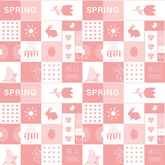 Spring Square Pattern. Seamless Geometric Print with Spring Elements. Chess Background. Spring Flowers, Easter Egg, Easter Bunny, Sun, Dandelion, Bird, Women Silhouette. Vector in Pink, White