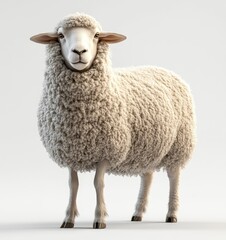 Obraz premium 3D render of a sheep on a white background, highly detailed and realistic, cute and fluffy, looking at the camera,