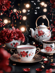 Fototapeta premium Festive Table with Red Floral Patterns and Golden Tea Cups for Lunar New Year