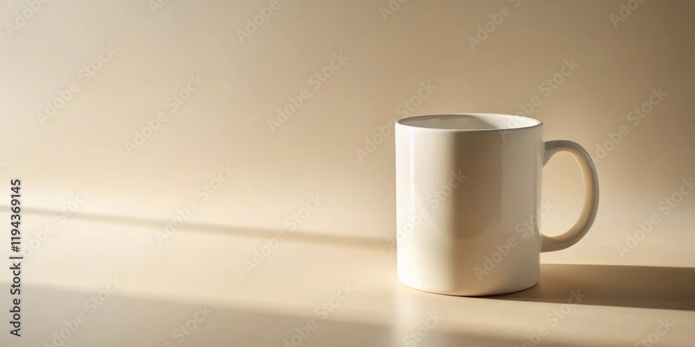 Poster a simple white mug sits on a beige surface, bathed in soft sunlight casting a gentle shadow
