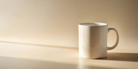 Obraz premium A simple white mug sits on a beige surface, bathed in soft sunlight casting a gentle shadow
