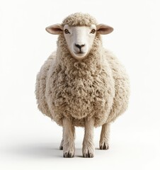 Fototapeta premium 3D render of a sheep on a white background, highly detailed and realistic, cute and fluffy, looking at the camera,