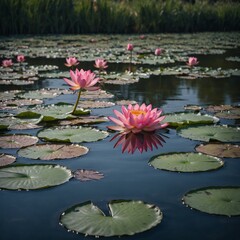 A single pink lotus flower floating gracefully on a serene pond surrounded by water lilies.