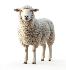 Fototapeta premium 3D render of a sheep on a white background, highly detailed and realistic, cute and fluffy, looking at the camera,