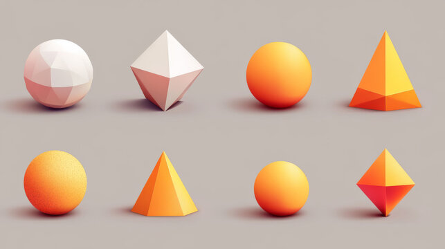 Geometric 3d shapes hemisphere, octahedron, sphere and torus, cone, cylinder and pyramid with icosahedron. Basic voluminous geometry figures for education, Realistic vector illustration, icons set