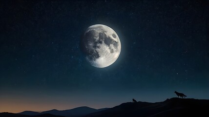 Fototapeta premium The wolf moon glowing brightly in a starry sky, with silhouetted howling wolves on a distant hilltop, capturing the essence of the moon's name,Generative Ai 