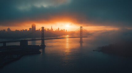 Fototapeta premium Dramatic sunset over San Francisco skyline with Bay Bridge silhouetted