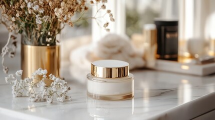 Luxurious White Marble Vanity Top with Gold Accented Cream Jar and Fresh Flowers in Gold Vase