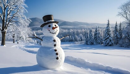 Obraz premium Cheerful snowman in a snowy mountain landscape