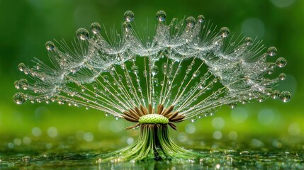 Dew-kissed dandelion seeds on a reflective surface with bokeh background