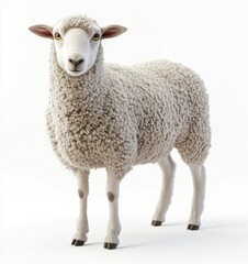 Fototapeta premium 3D render of a sheep on a white background, highly detailed and realistic, cute and fluffy, looking at the camera,