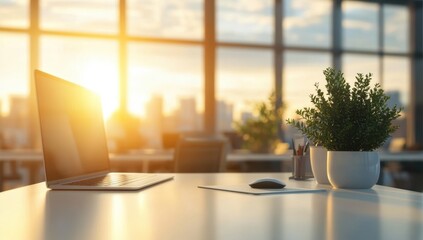 Fototapeta premium Sunset Office Workspace: Laptop, Plants, and City View