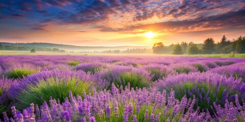 Obraz premium Serene Sunrise over a Vast Lavender Field, Bathed in Golden Light and Morning Mist
