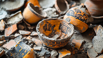 Broken and cracked ancient pottery products decorated with traditional greek patterns. Cartoon vector illustration set of museum artifact of crashed antique ceramic and terracotta handicraft tableware