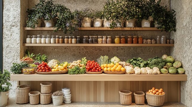 A farmer's market stall filled with vibrant, fresh produce and eco-friendly packaging
