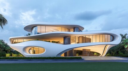 Obraz premium Modern Architectural Design of Curved White Building at Dusk