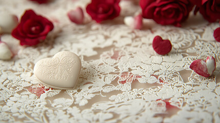 Obraz premium Elegant Valentine card design featuring heart on lace with roses