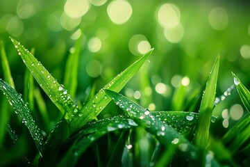 Naklejka premium Close-up of dew drops on vibrant green grass blades.