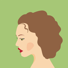 Portrait of a fashion woman. The head in profile of a European brunette woman. Face of girl. Flat design for for landing page, banner, social Media Avatar. Color vector illustration.