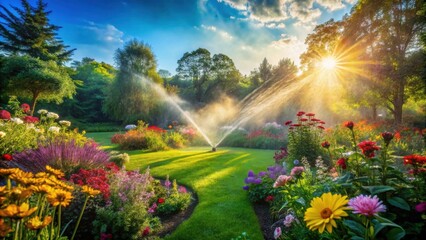 Obraz premium Lush Garden Oasis Sprinkler System Watering Vibrant Flowers and Green Lawn at Sunset