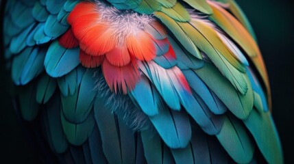 Close-up of vibrant bird feathers showcasing intricate colors and patterns.