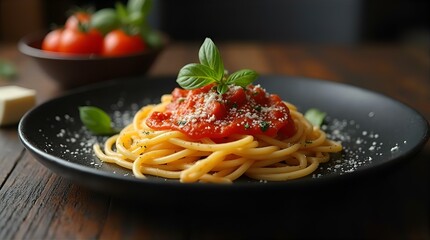 Spaghetti with Tomato Sauce and Fresh Basil, Grated Cheese Sprinkle, on Black Plate, Wooden Table, Shallow Depth of Field, Close-up, Soft Light, Warm Tone, Rustic Background Detail