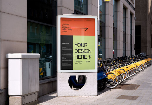 Mockup Of Vertical Customizable Sign On Sidewalk