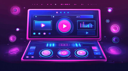 Fototapeta premium Live stream background, online multimedia player windows and buttons. User interface of pink and blue colors. Social media channel, video blogging broadcasting streaming, Cartoon vector illustration