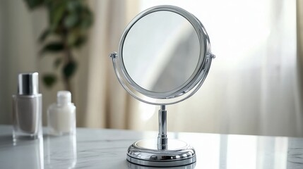 Round mirror for makeup. Magnifying mirror with 360° rotating. Cosmetic, cosmetology or makeup desk mirror. Silver metal stand magnify mirror for beauty salon. Woman skincare bathroom accessories