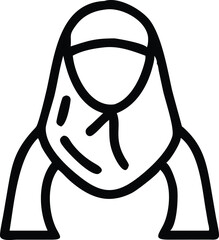 Black and white icon, minimalist line drawing, female figure, hijab, traditional Muslim headscarf, modest clothing, simple portrait, vector graphic style, flat design, outline illustration, symbolic r