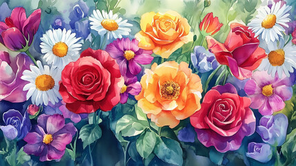 Fototapeta premium A vibrant watercolor painting of a blooming garden filled with colorful flowers such as roses, daisies, and tulips, with intricate botanical details and soft brushstrokes