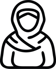 Black and white icon, minimalist line drawing, female figure, hijab, traditional Muslim headscarf, modest clothing, simple portrait, vector graphic style, flat design, outline illustration, symbolic r