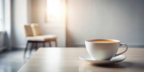 Obraz premium Aromatic Coffee in a White Mug on a Light Wooden Table in a Bright Room with a Blurred Background of Comfortable Seating
