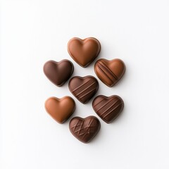 Fototapeta premium Heart-shaped chocolates arranged in a floral pattern on isolated white background 