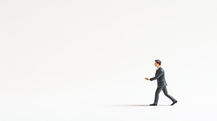 Miniature businessman walking, white background, copy space, business concept