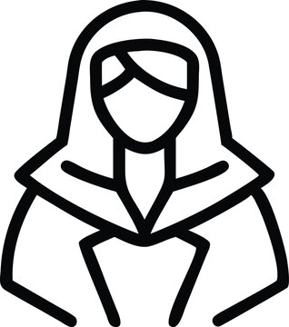 recommend clip art: Black and white icon, minimalist line drawing, female figure, hijab, traditional Muslim headscarf, modest clothing, simple portrait, vector graphic style, flat design, outline illustration, symbolic r