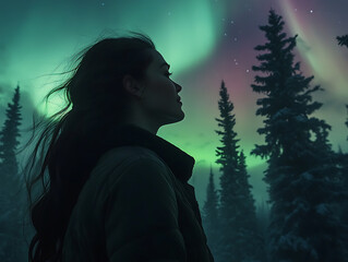 Fototapeta premium Multicolored northern lights sweeping across the heavens, with silhouettes of towering pine trees in the foreground