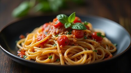 Delicious Spaghetti with Cherry Tomatoes and Fresh Basil, Cooked al Dente, Presented on a Dark Plate, Overhead View, Close-up, Soft Lighting, Warm Tones, Blurred Wood Background