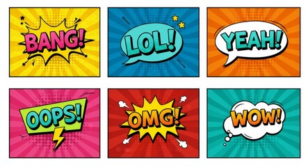 Pop art comic panels with bold speech bubbles and vibrant retro typography