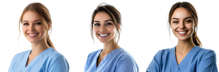 A Set of Beautiful Young Female Nurse Smiling and Ready to Assist in Blue Scrubs Isolated on Transparent Background