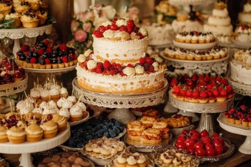 A lavish dessert display featuring cakes and pastries for celebration.