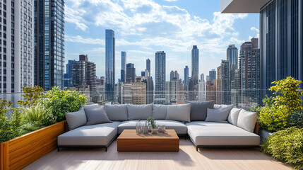 Fototapeta premium Terrace on rooftop with city view at night. Patio on roof or balcony with sofa, plants, lamps and railing on background of cityscape with modern buildings. Vector cartoon house terrace for relax
